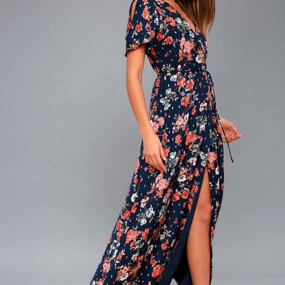 Lulu's Divine Days Navy Blue Floral Print Wrap Maxi Dress S - Picture 3 of 14